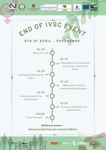 End of IVSC programme - 8 April 2025.  6.30pm - Welcome; 6.35pm - Presentation of the event and the Virtual World; 6.50pm - Video viewing and voting; 7.30pm - Q&A with the teamchers and students and voting; 7.50pm - Announcement of the winning teams; 7.55pm - Closing remarks, questionnaires and reflections; 8pm - End of the event.