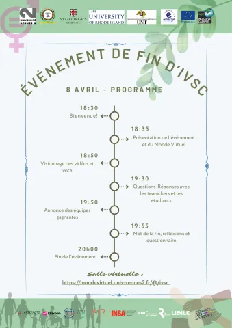Programme de fin d'IVSC - 8 avril 2025.  18h30 - Bienvenue ; 18h35 - Présentation de l'événement et du Monde Virtuel ; 18h50 - visionnage des vidéos et vote ; 19h30 - Questions-Réponses avec les teamchers et les étudiants et vote ; 19h50 - Annonce des équipes gagnantes ; 19h55 - Mot de la fin, questionnaires et réflexions ; 20h - Fin de l'événement  